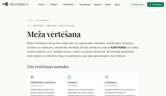 MezaTirgus.lv lapa «Meža vērtēšana» ar trim vērtēšanas metodēm
