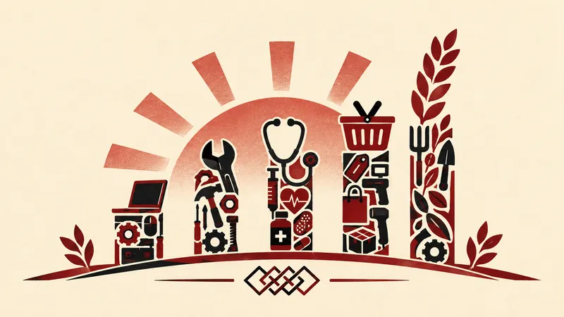 Ilustrācija: dažādu profesiju darbarīki uz saullēkta fona
