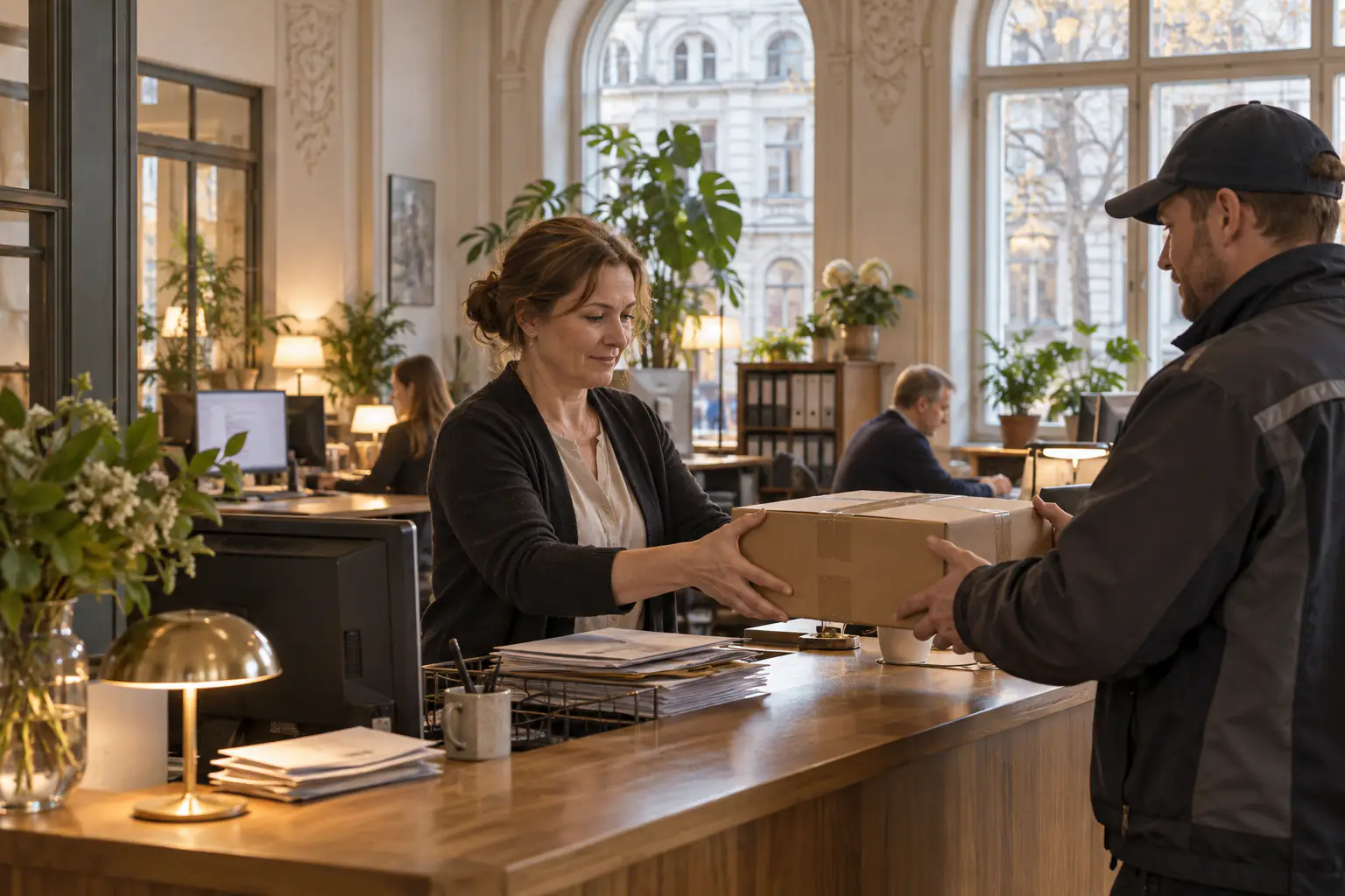 Biroja administratore pieņem kurjera sūtījumu birojā Rīgā