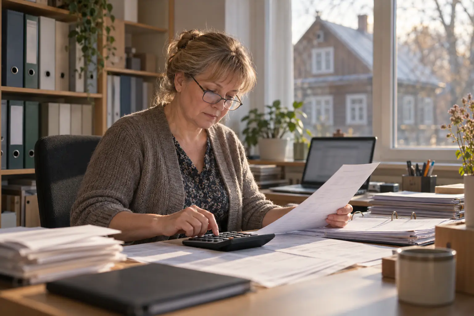Grāmatvede ar kalkulatoru pārbauda rēķinus nelielā birojā