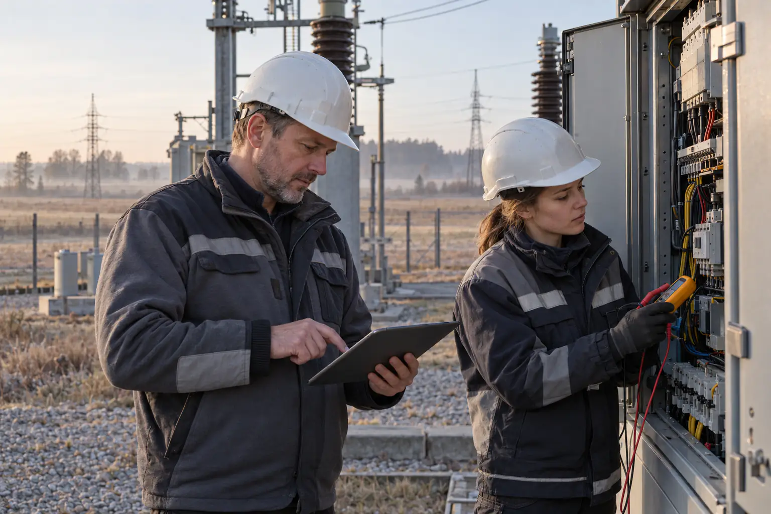 Divi elektroinženieri pārbauda sadales skapi apakšstacijā laukos