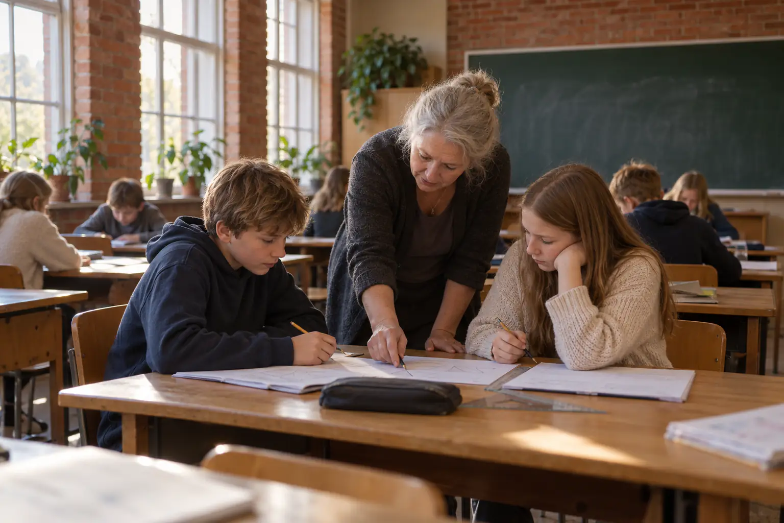 Skolotāja klasē palīdz diviem skolēniem ar ģeometrijas uzdevumu