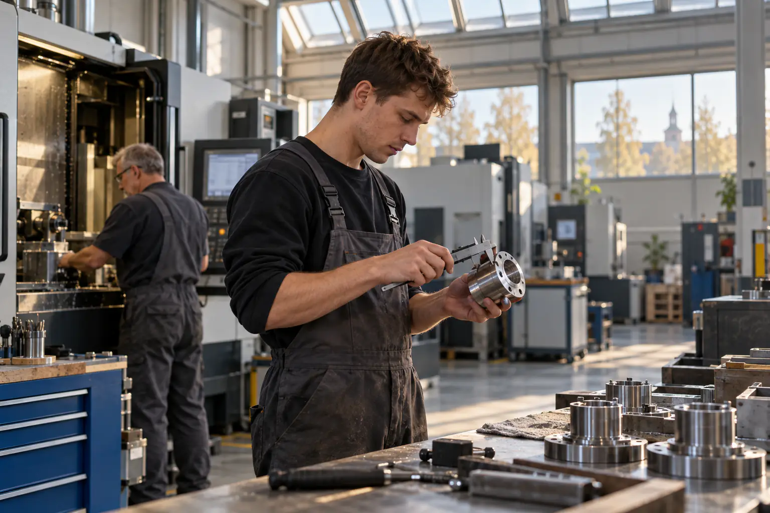 CNC operators ar bīdmēru mēra tikko apstrādātu metāla detaļu