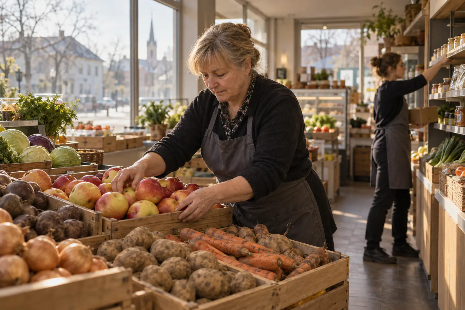Pārdevēja veikalā kārto ābolus un dārzeņus