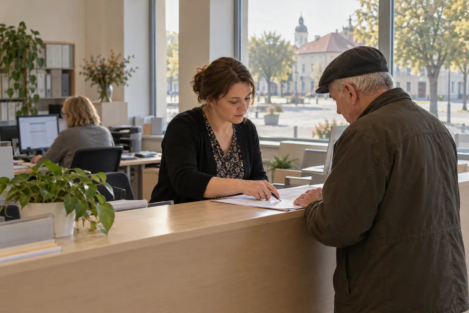 Pašvaldības klientu centra darbiniece palīdz apmeklētājam aizpildīt veidlapu