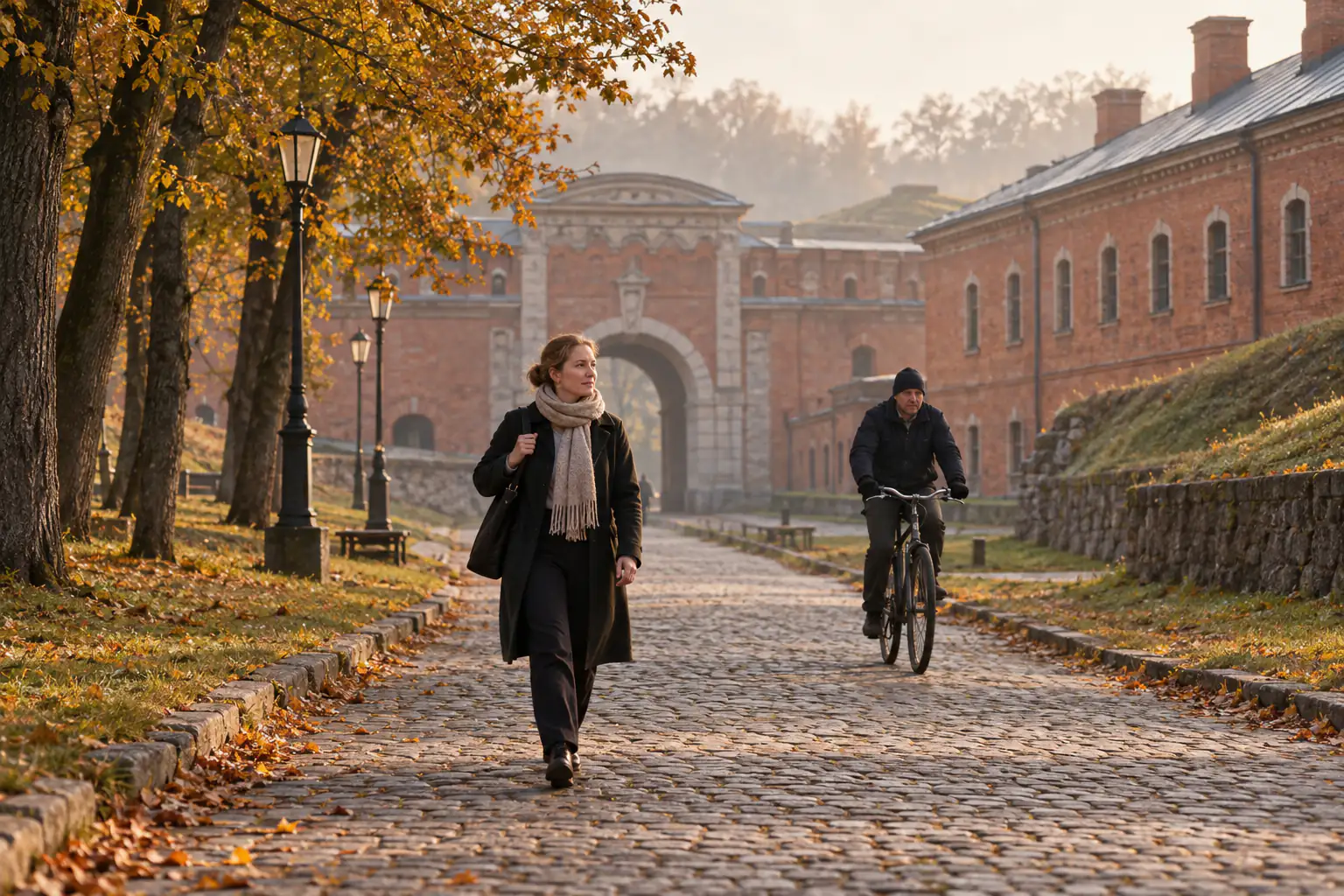 Daugavpils cietokšņa sarkano ķieģeļu ēkas un vārti rītā