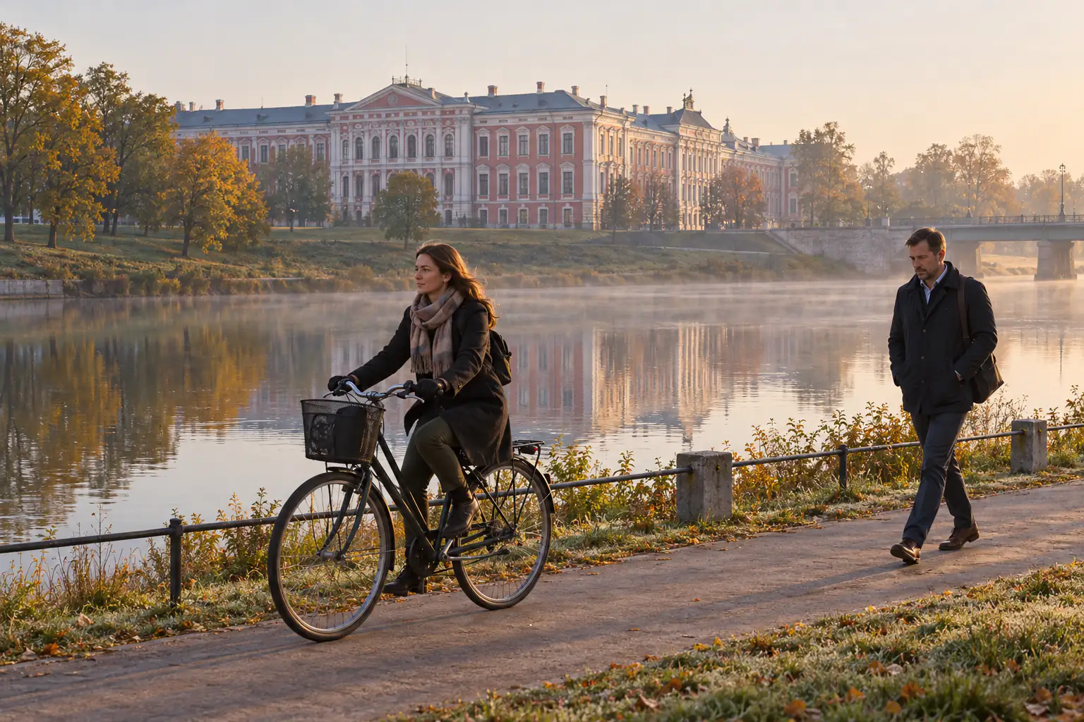 Jelgavas pils Lielupes krastā rīta gaismā