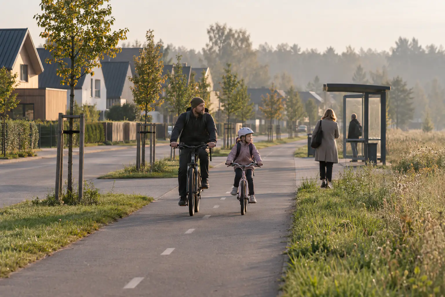 Mārupes ģimeņu māju iela un veloceliņš rītā