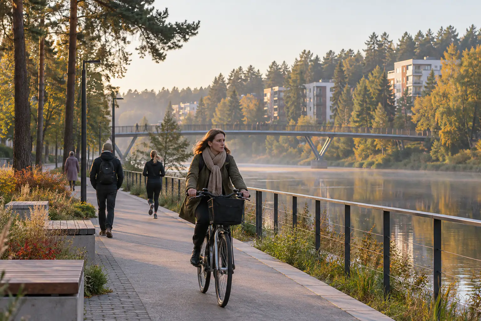 Ogres upes krasta promenāde ar priedēm un gājēju tiltu