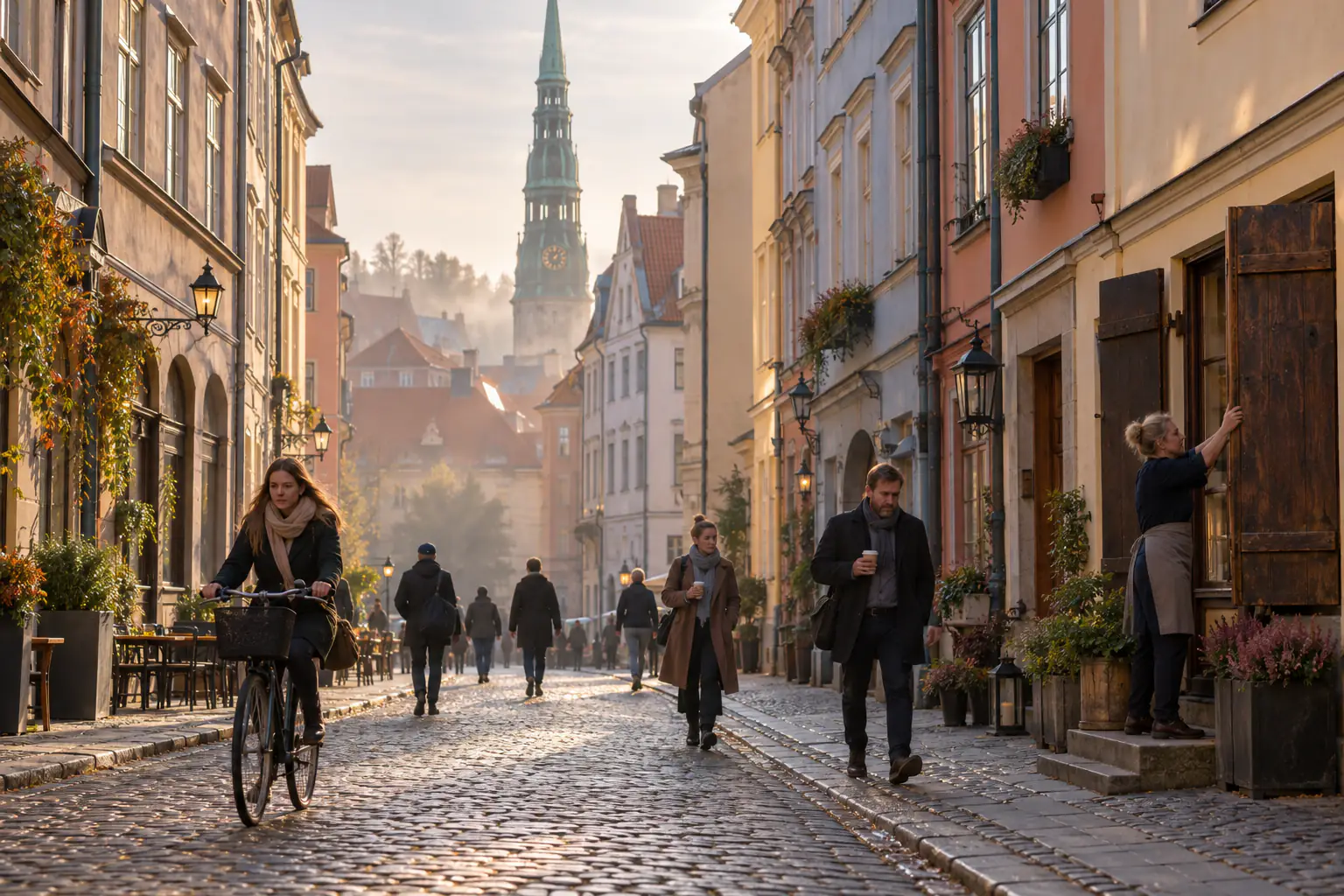 Rīta Vecrīga: bruģēta iela ar skatu uz Pētera baznīcas torni