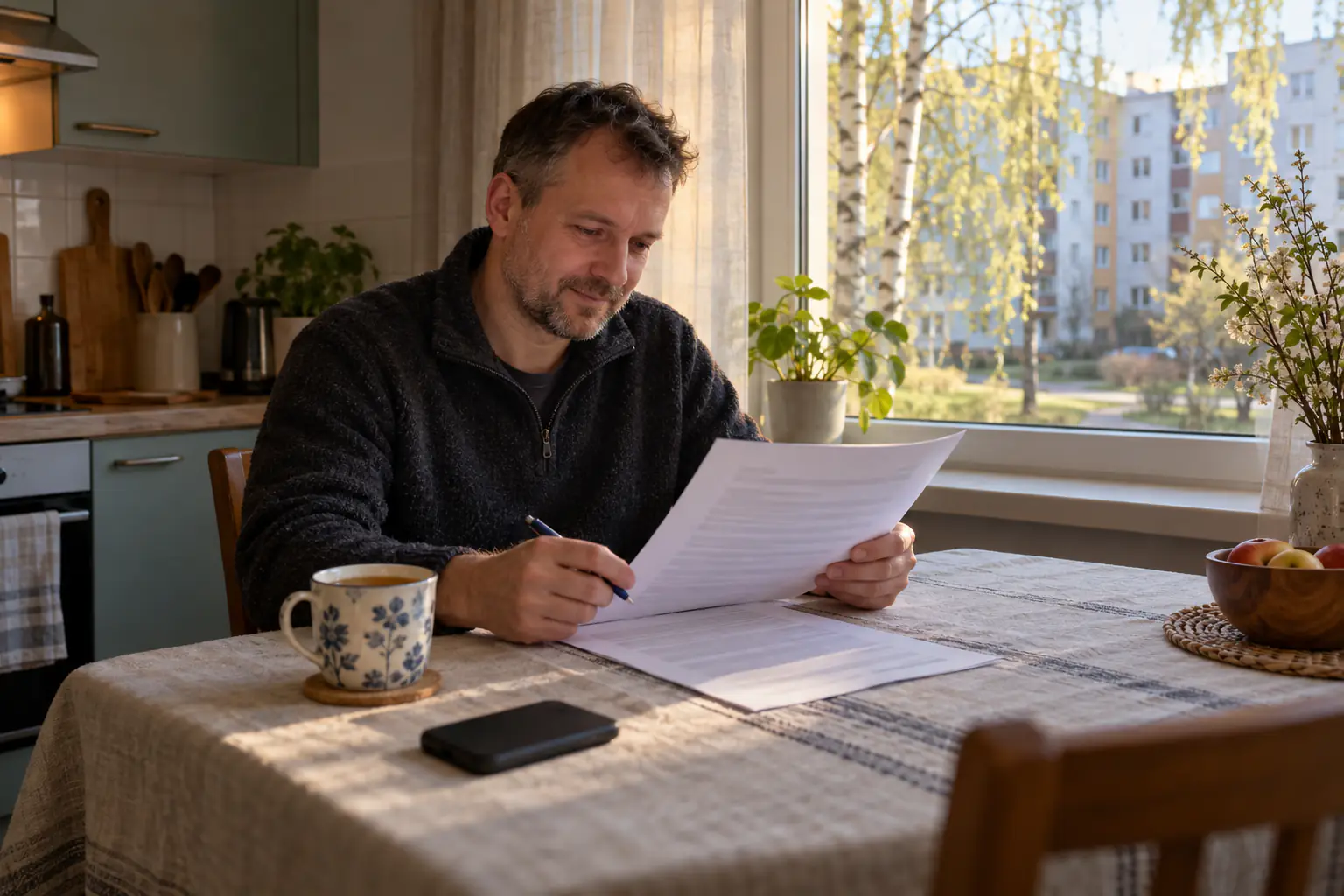 Vīrietis pie virtuves galda mierīgi lasa savu darba līgumu
